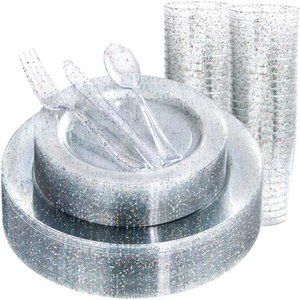 180PCS Glitter Plastic Plates with Glitter Disposable Silverware